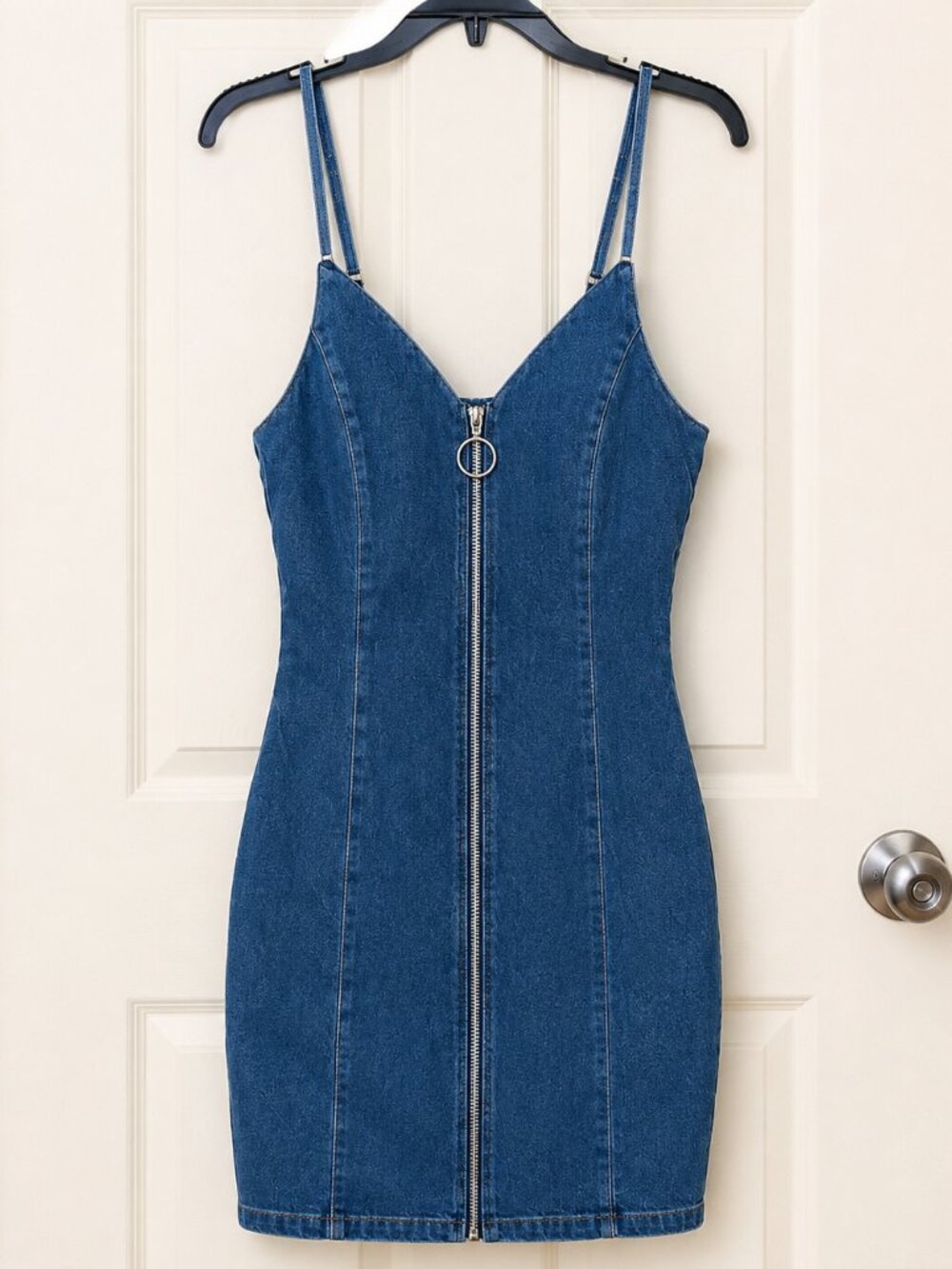 Iris Women’s Large Denim Bodycon Mini Dress Full Zip Y2K